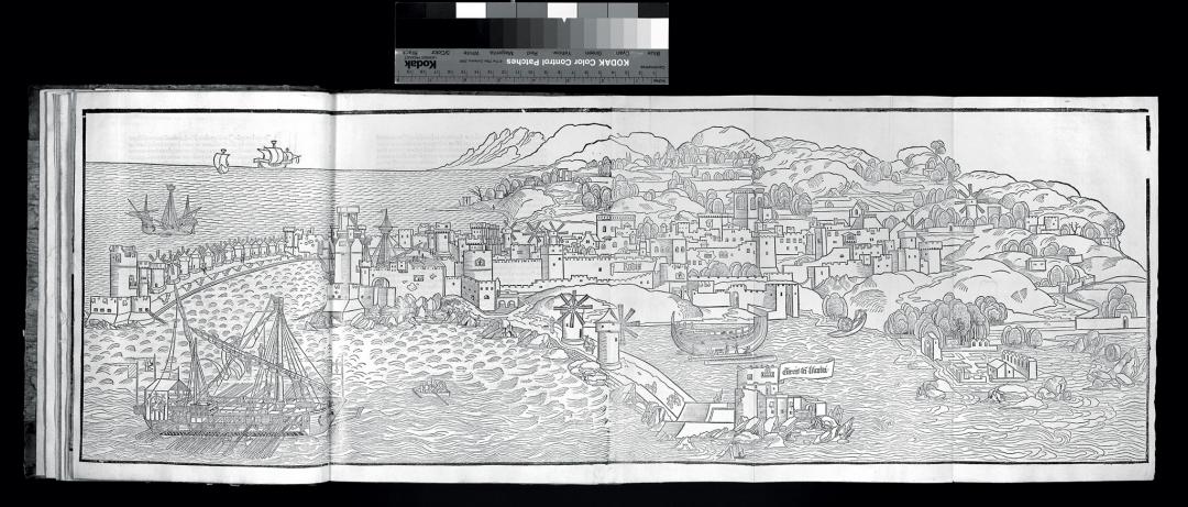 Erhard Reuwich – View of Rhodes in Peregrinatio Latin, fol. 33v–36